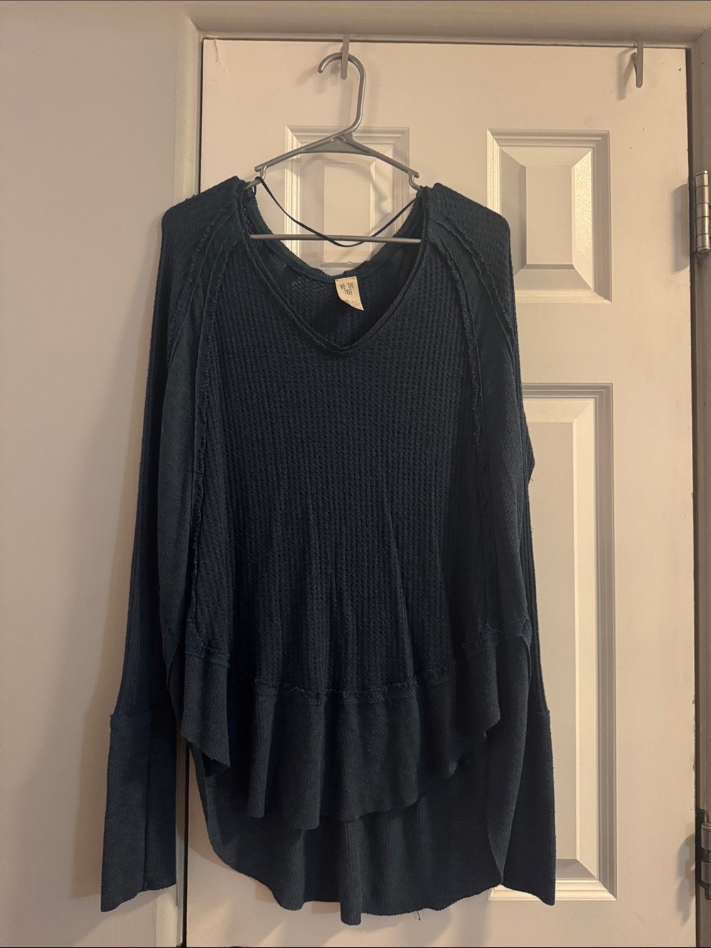 Free People Dark Blue Layered Waffle-Knit V-Neck Pullover